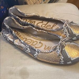 Sam Edelman Gold and Gray Snakeskin Flats